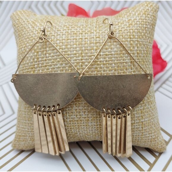 Lot of 2 Gold Tone Dangle Drop Earrings Art Deco Semi Circles and Crystal Hoops - Picture 2 of 10